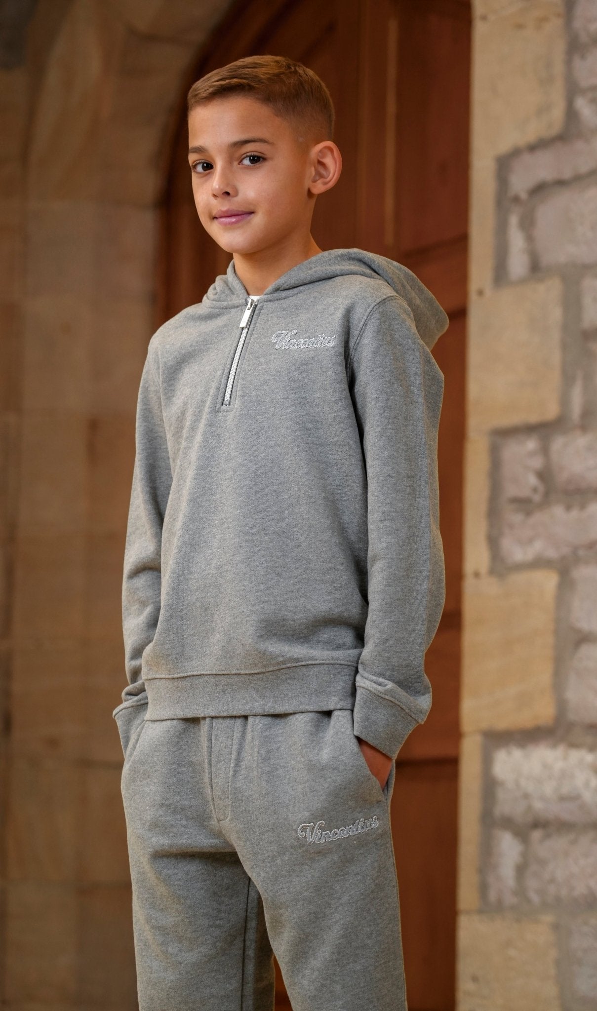 Boy's Loopback Script 1/4 Zip Tracksuit - Grey Marl - Vincentius