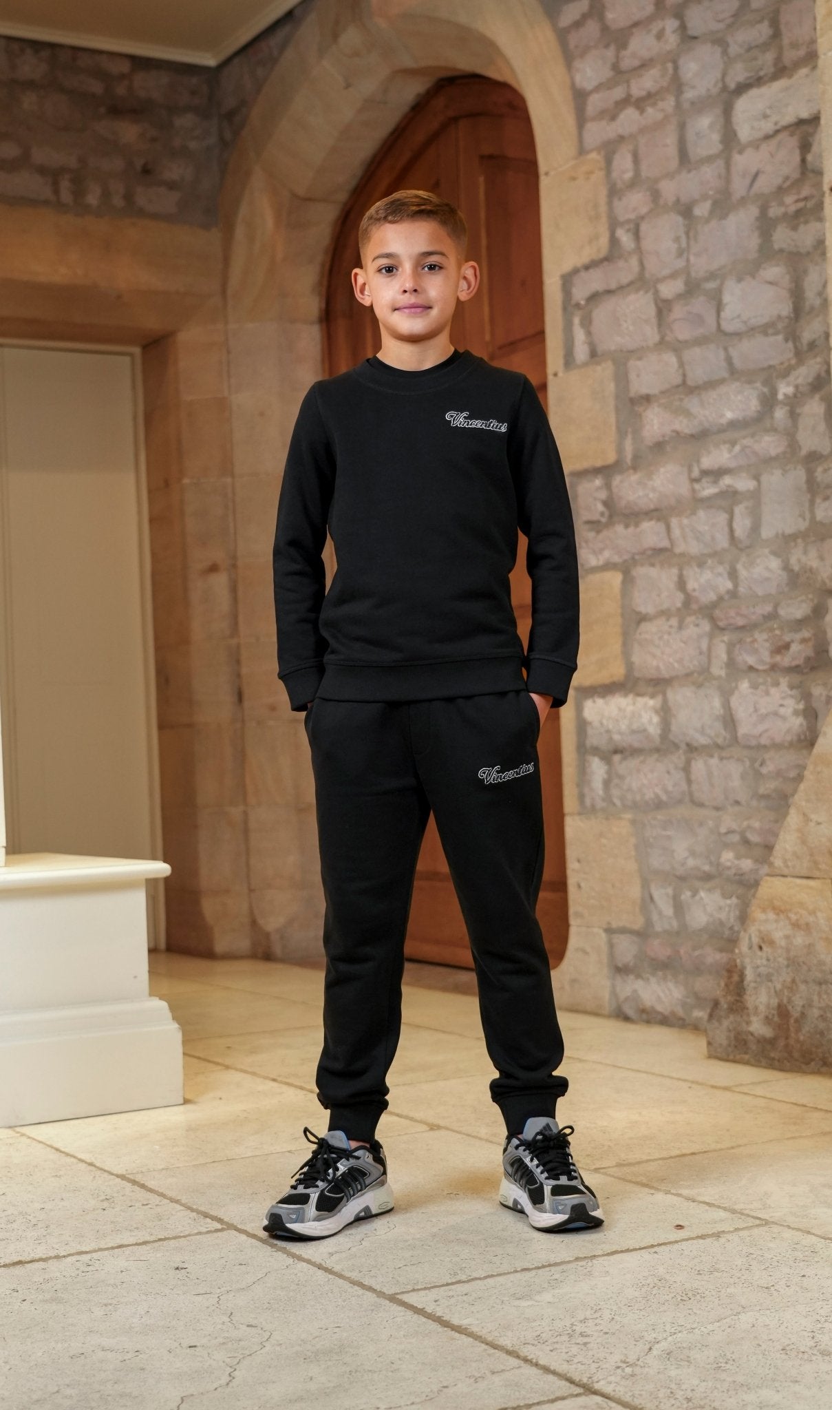 Boy's Loopback Script Crew Neck Tracksuit - Black - Vincentius