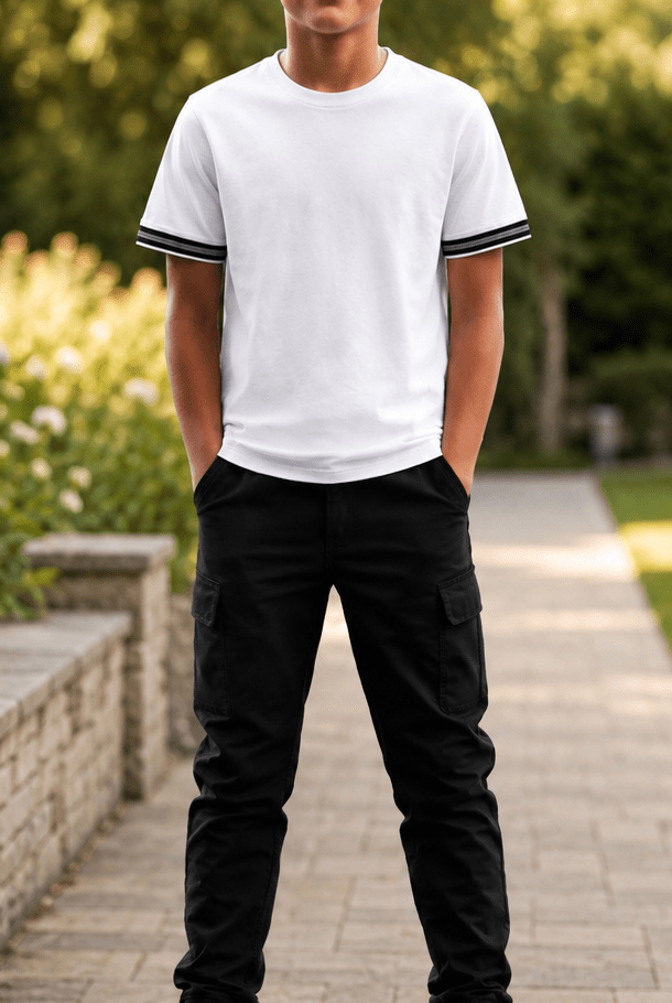Boys Ribbed Cuff White T Shirt - Vincentius