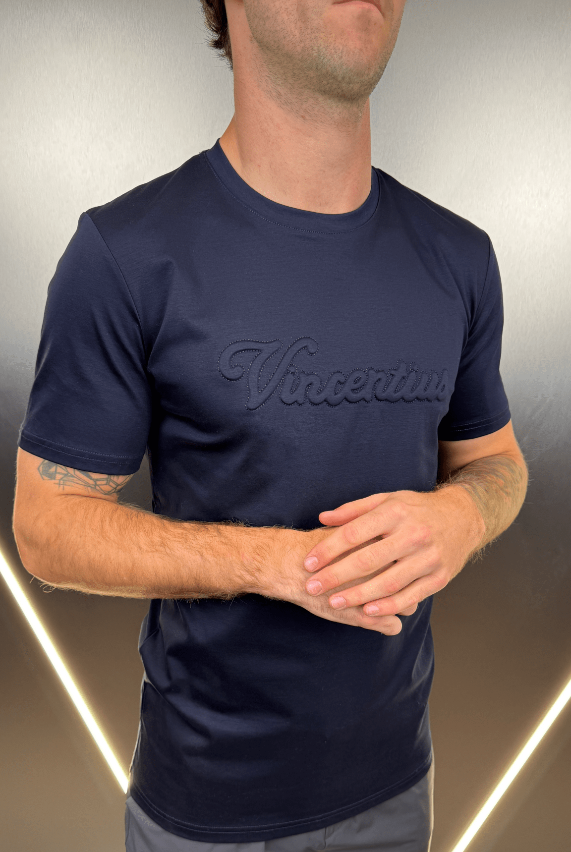Luxury Embossed Tonal Logo T-Shirt - Navy - Vincentius