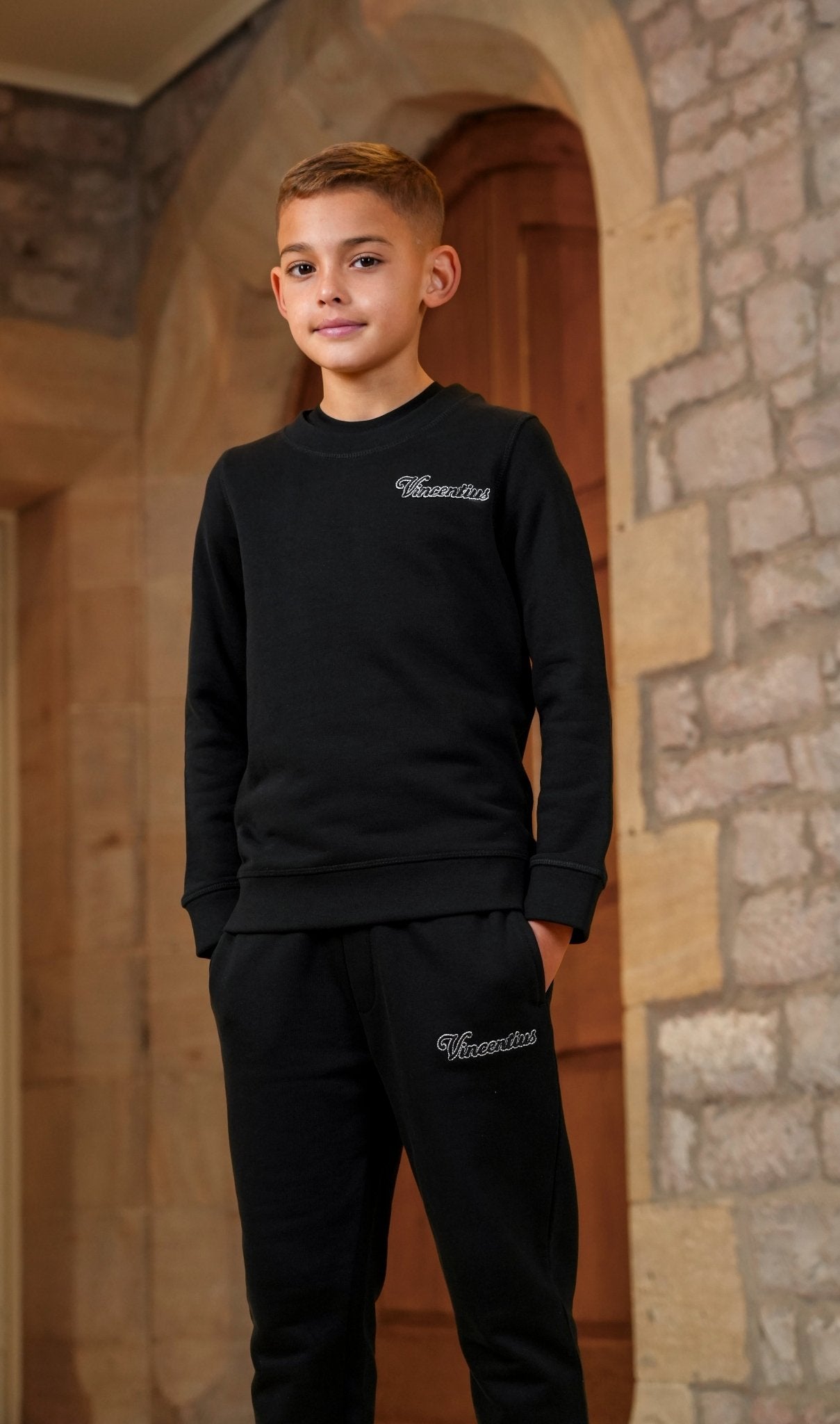Boy's Loopback Script Crew Neck Tracksuit - Black - Vincentius