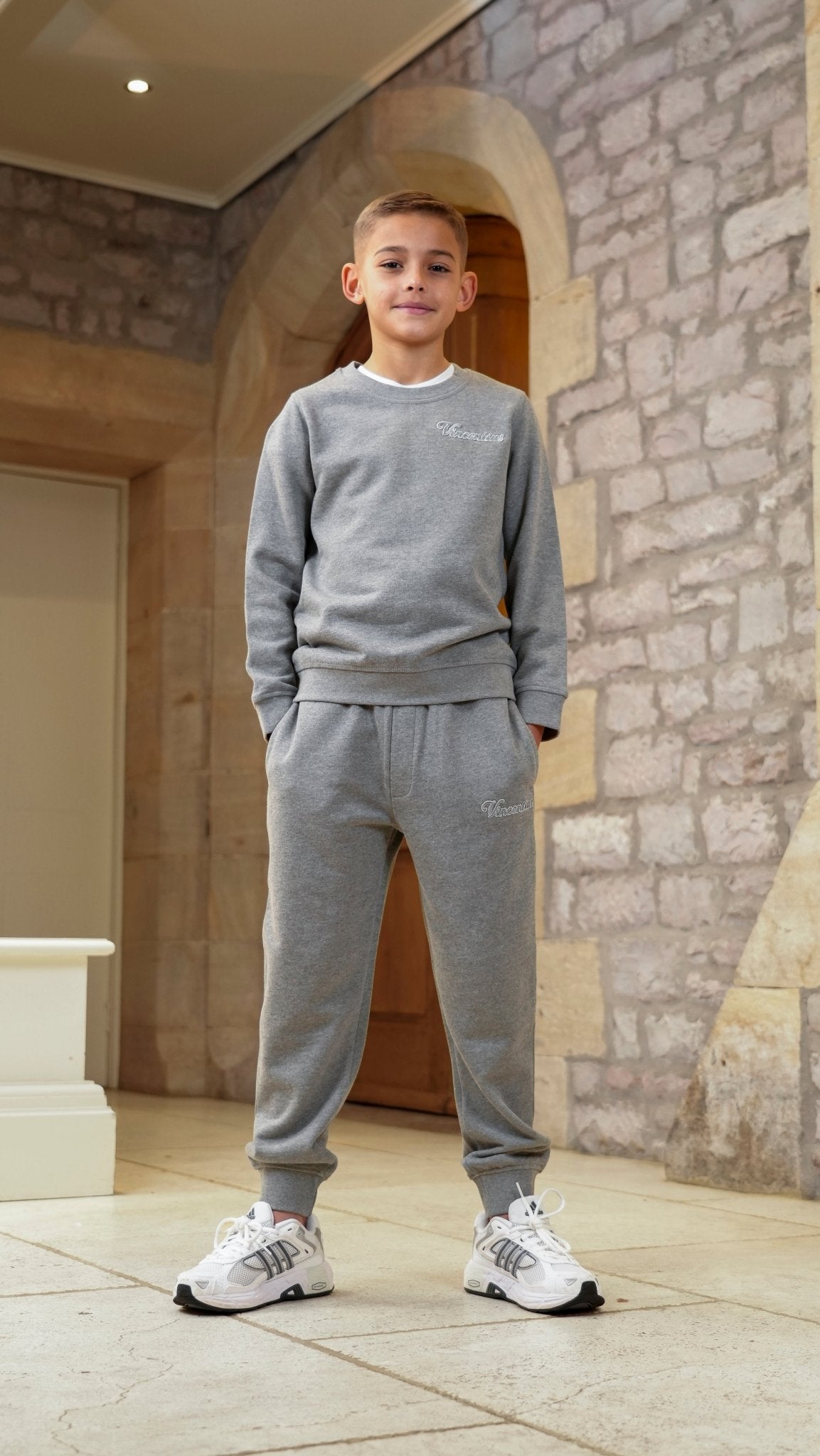 Boy's Loopback Script Crew Neck Tracksuit - Grey Marl - Vincentius