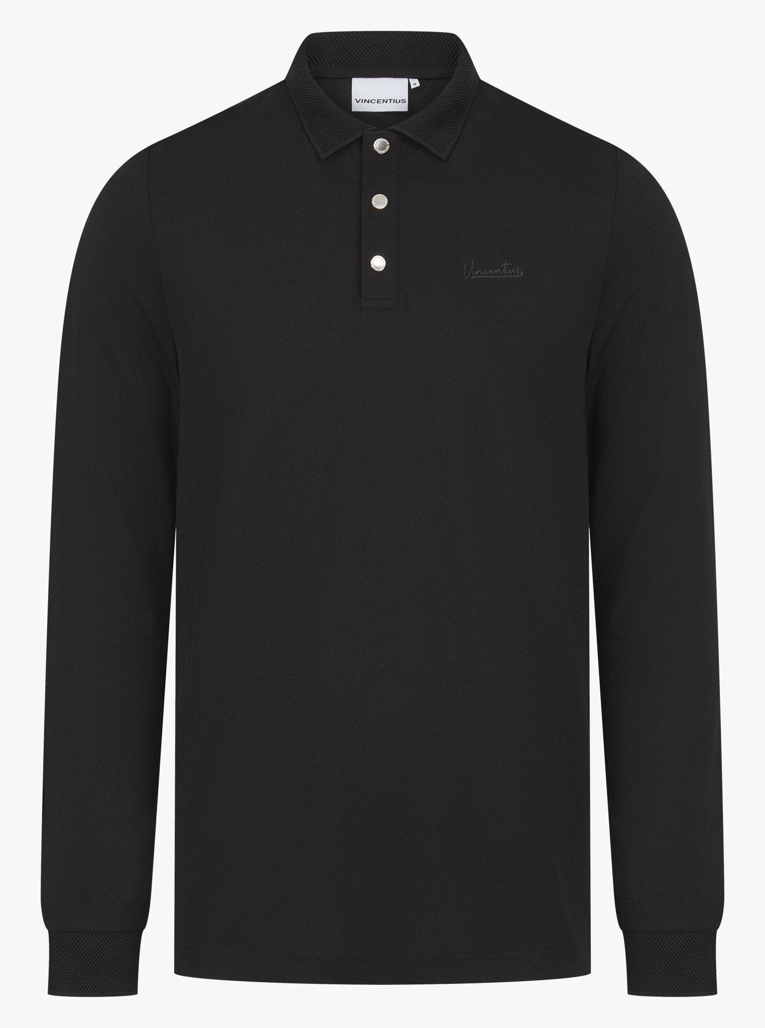 Luxury Long Sleeve Pique Logo Polo - Black - Vincentius