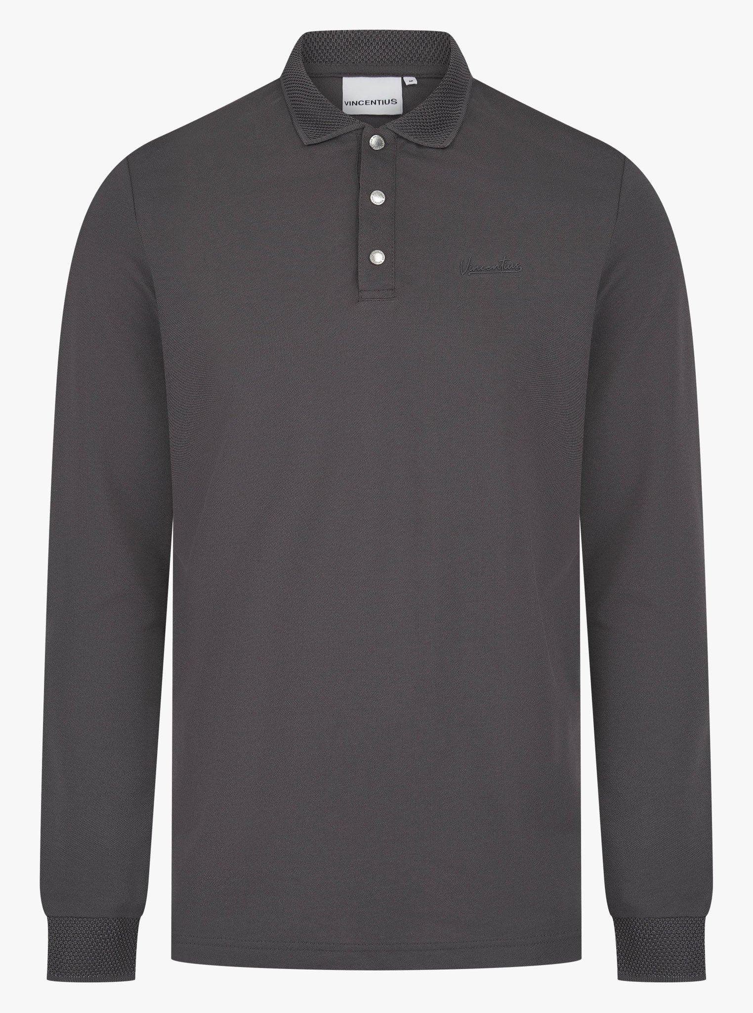 Luxury Long Sleeve Pique Logo Polo - Charcoal - Vincentius