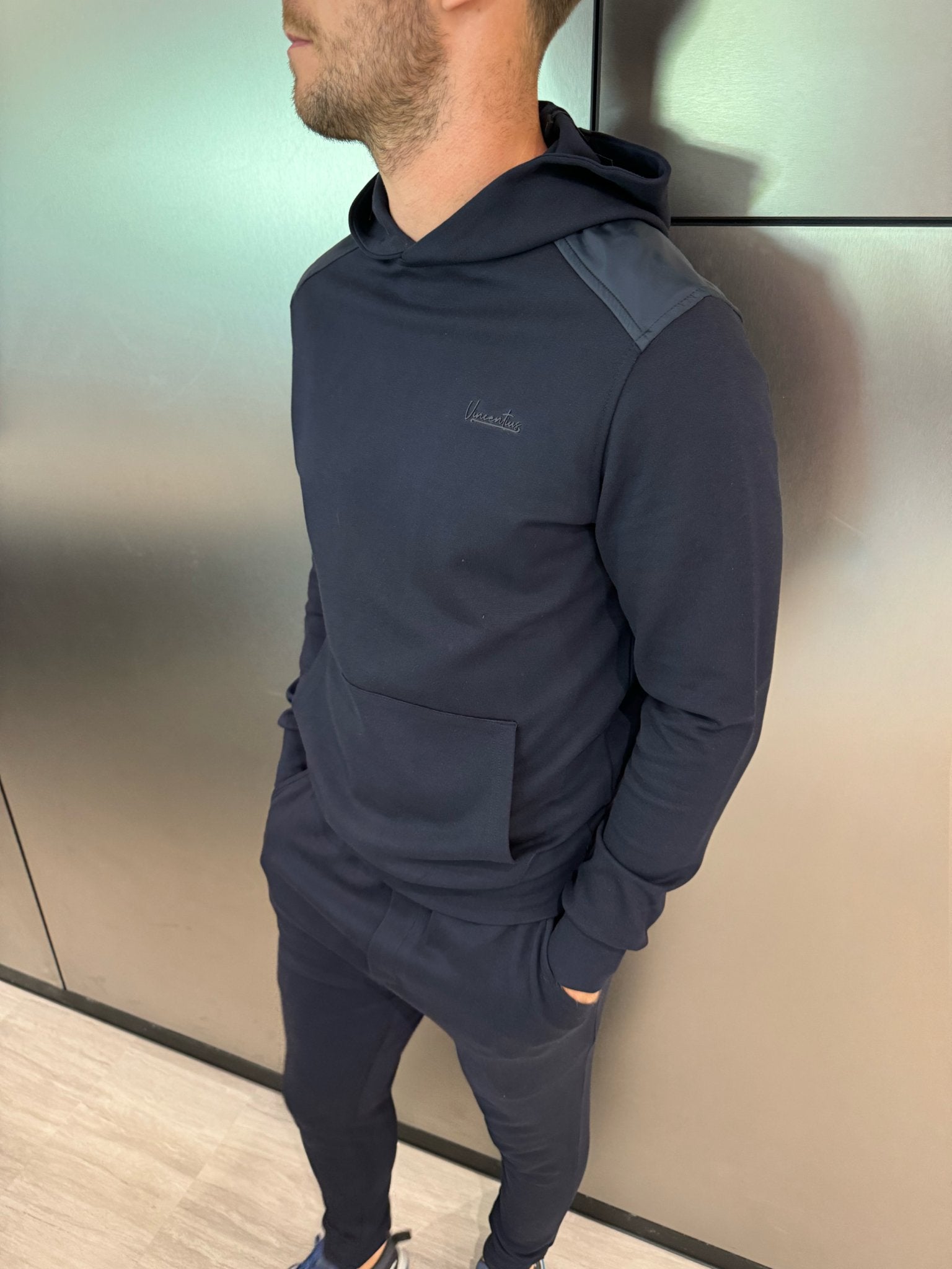 Luxury Nylon Panel Logo Hoodie - Navy - Vincentius