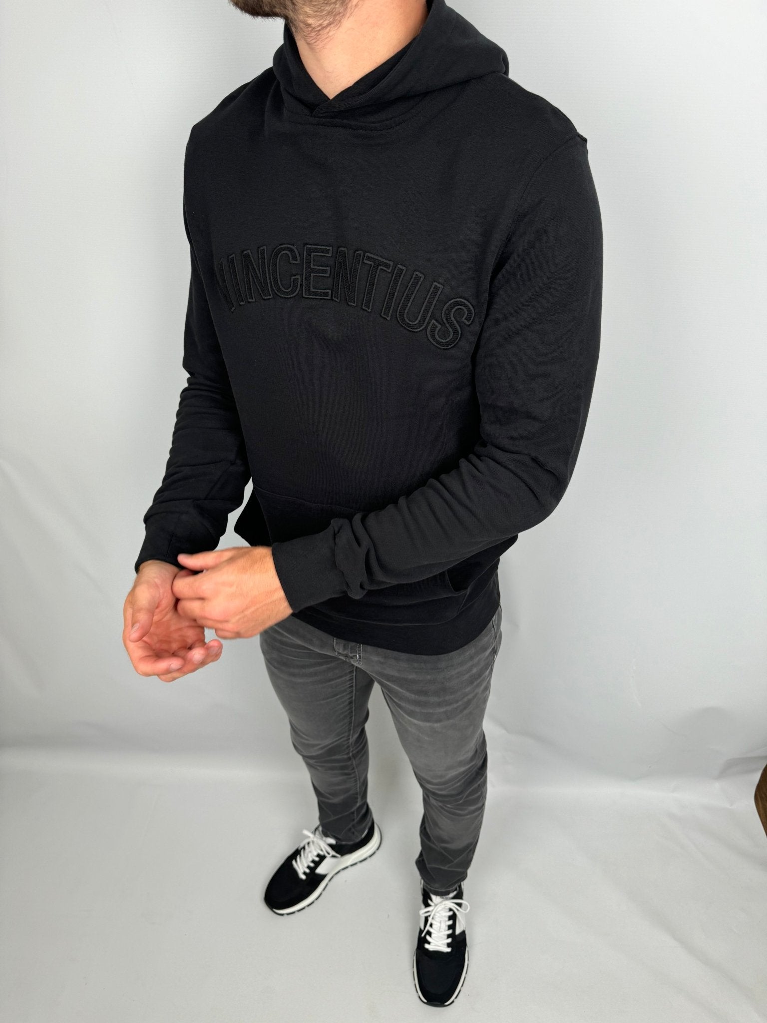 Luxury Tonal Applique Hoodie - Black - Vincentius