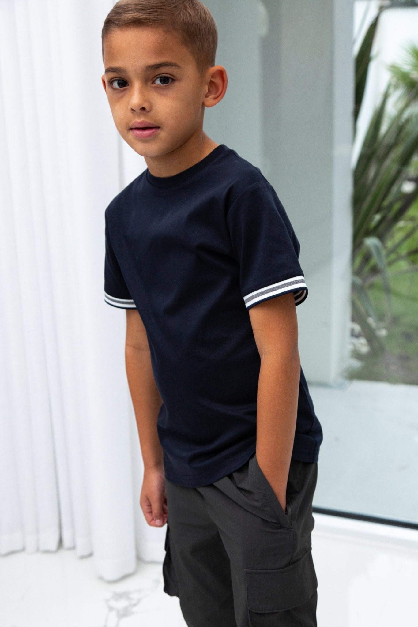 Boys Ribbed Cuff Navy T Shirt - Vincentius